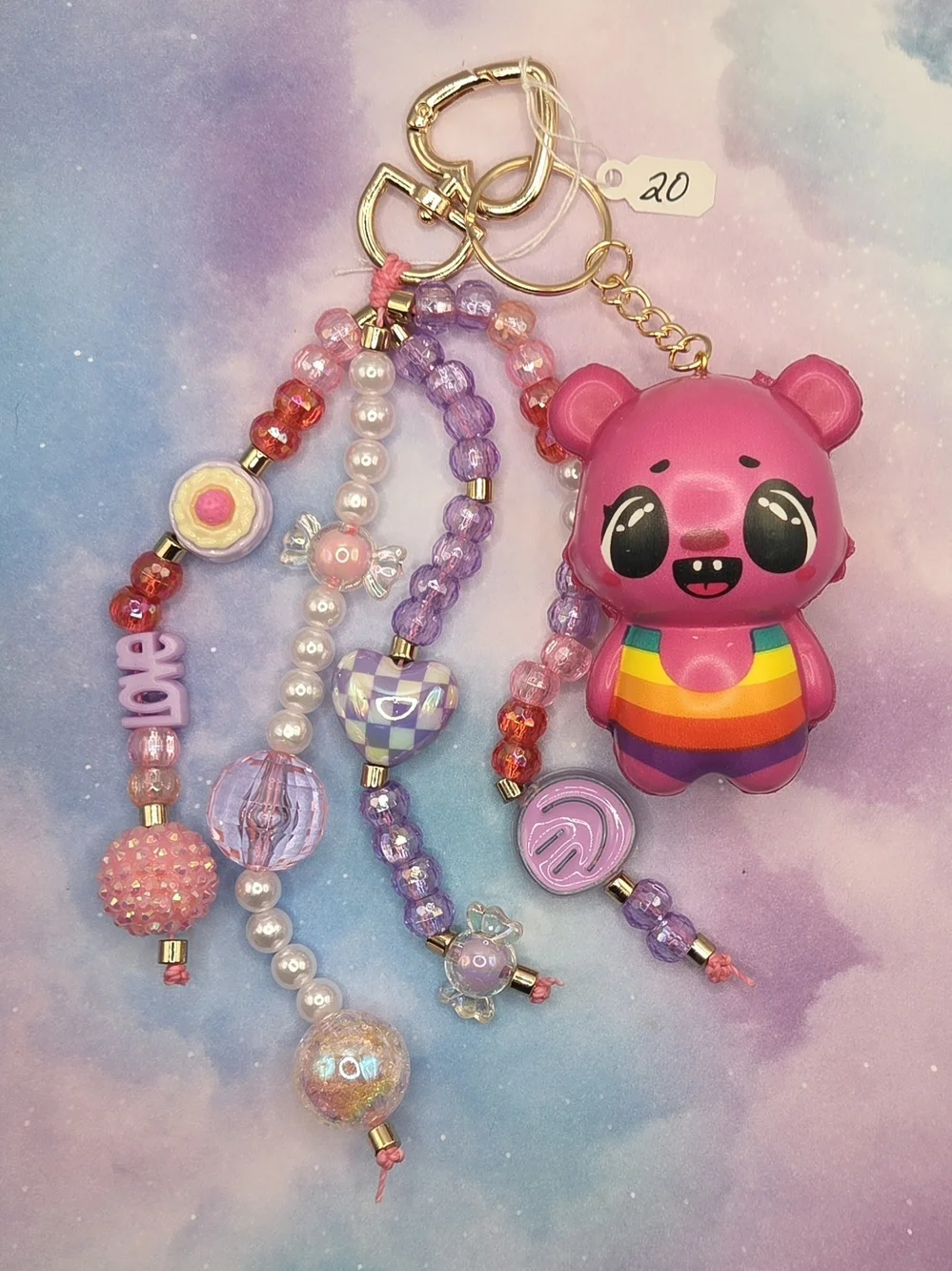 Pink Rainbow Bear Beaded Keychain Charm
